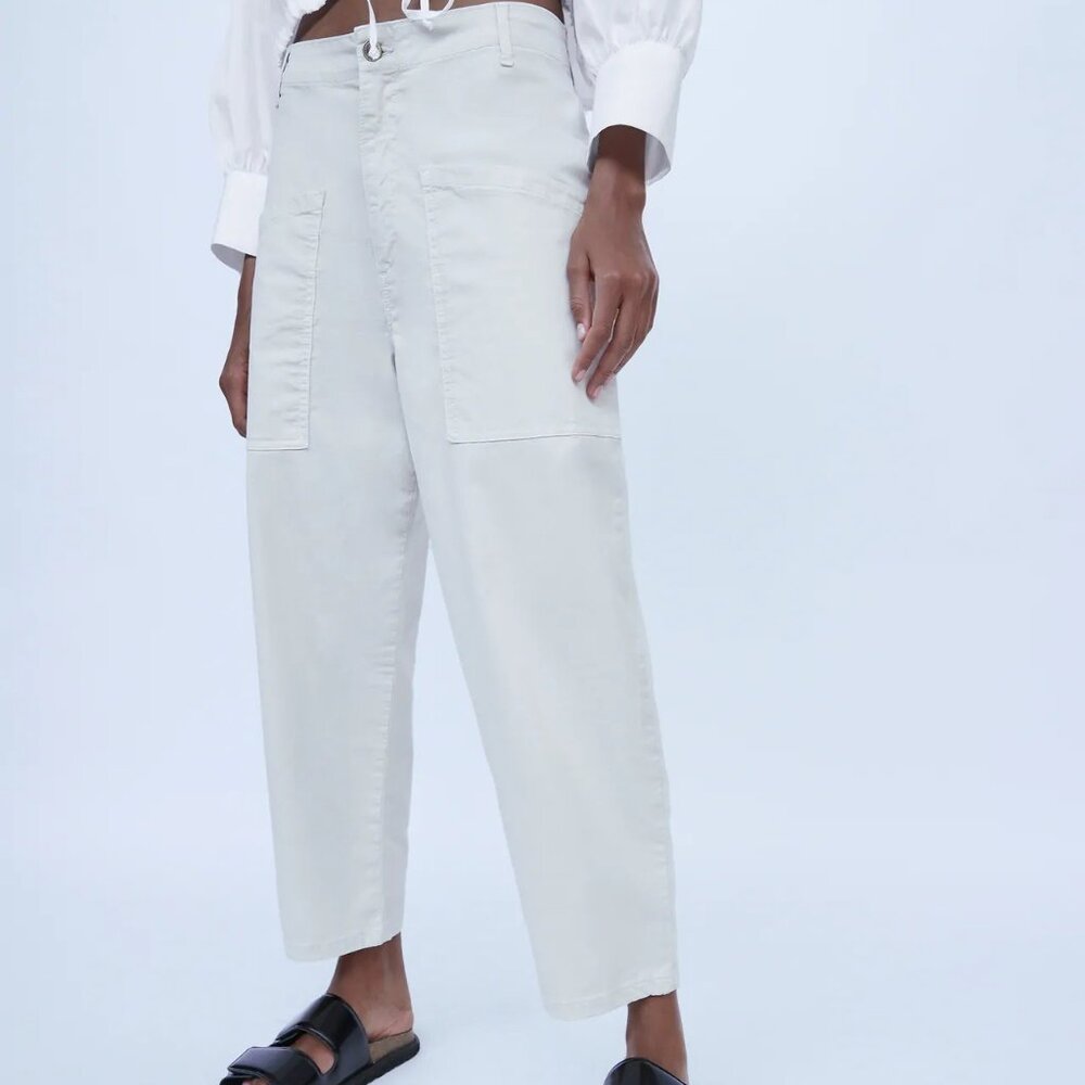 Zara Barrel Leg High Rise off white pants Garden Cotton Cropped SIZE 10